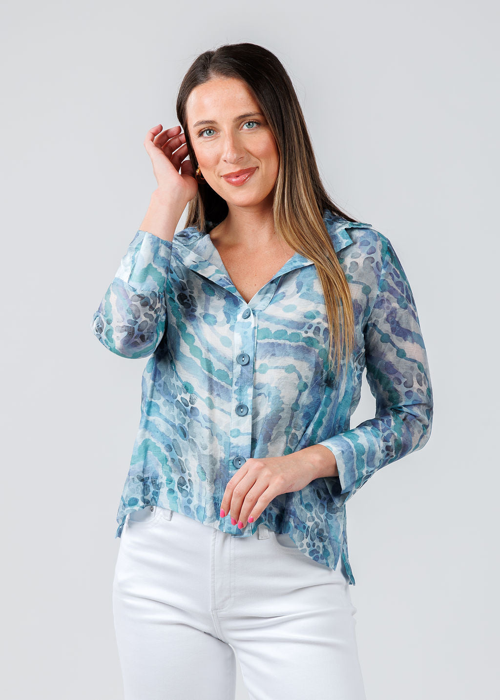 Terra Irina Sheer Shirt in Blue Lagoon available at Barbara Katz