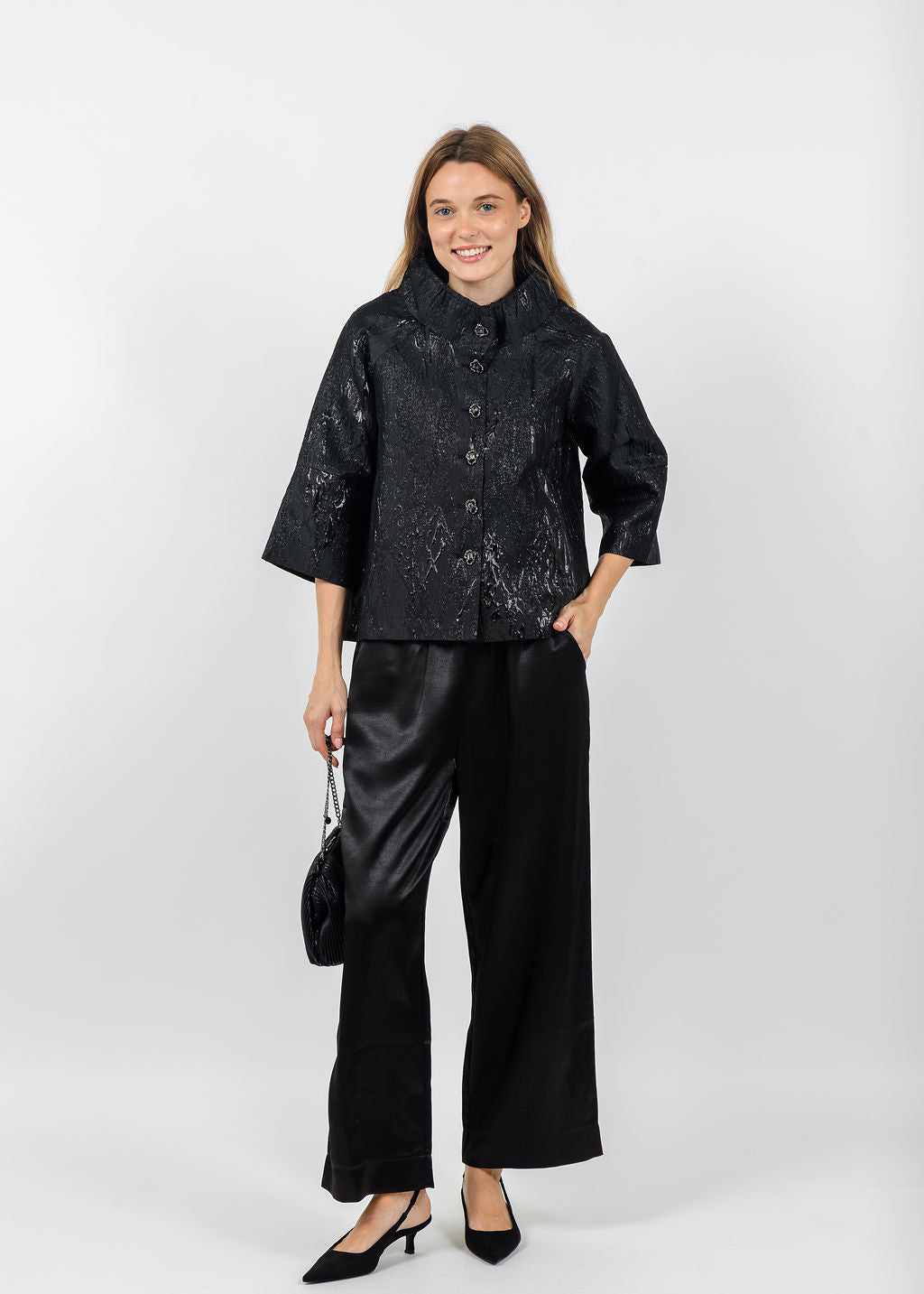 Terra Liquid Embossed Crinkle Jacket in Black available at Barbara Katz