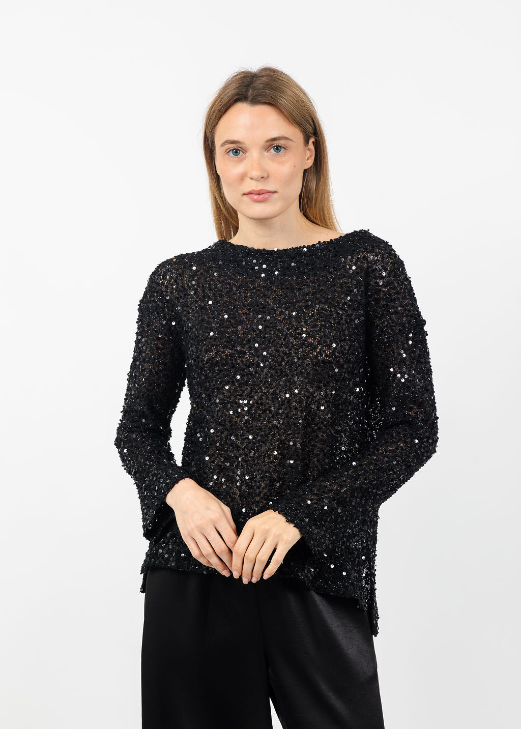 Terra Quinn Boat Neck Sequin Top in Black available at Barbara Katz
