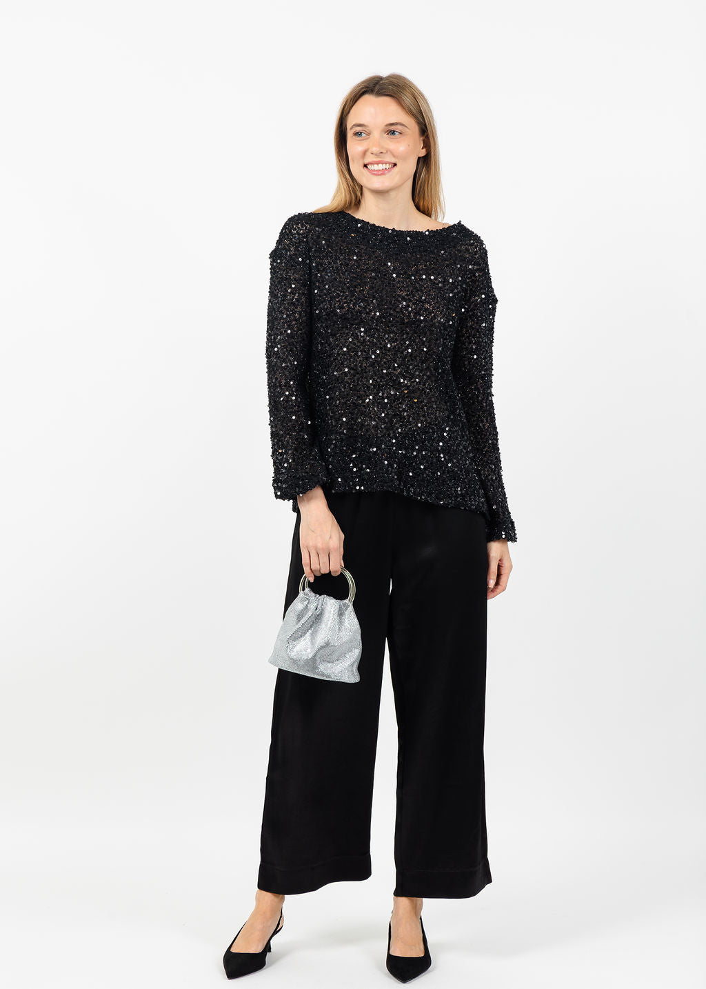 Terra Quinn Boat Neck Sequin Top in Black available at Barbara Katz