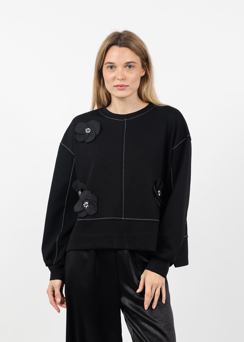 Terra Stitch &amp; 3D Floral Appliques Sweater in Black available at Barbara Katz