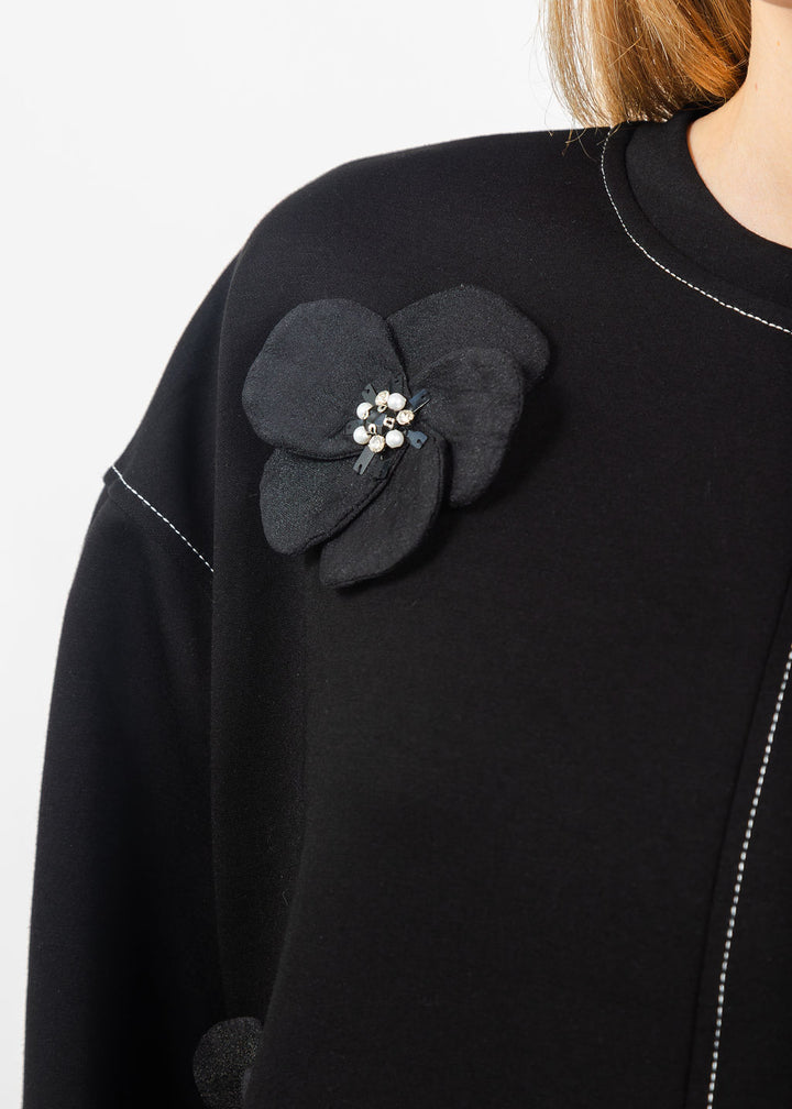 Terra Stitch &amp; 3D Floral Appliques Sweater in Black available at Barbara Katz