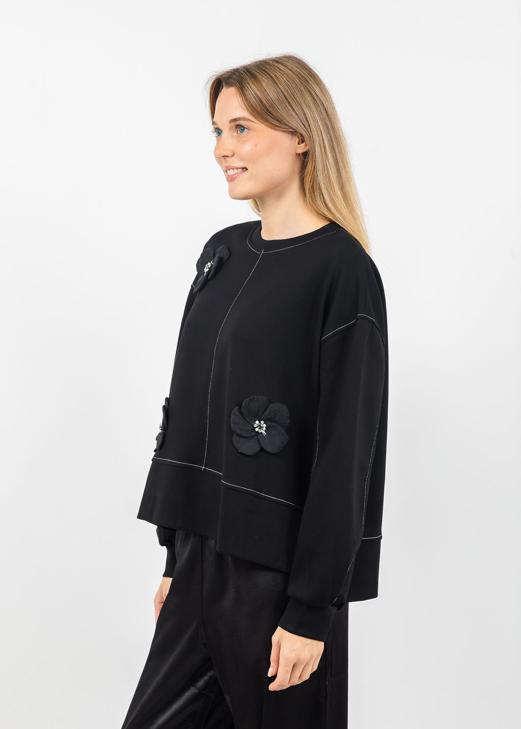Terra Stitch &amp; 3D Floral Appliques Sweater in Black available at Barbara Katz