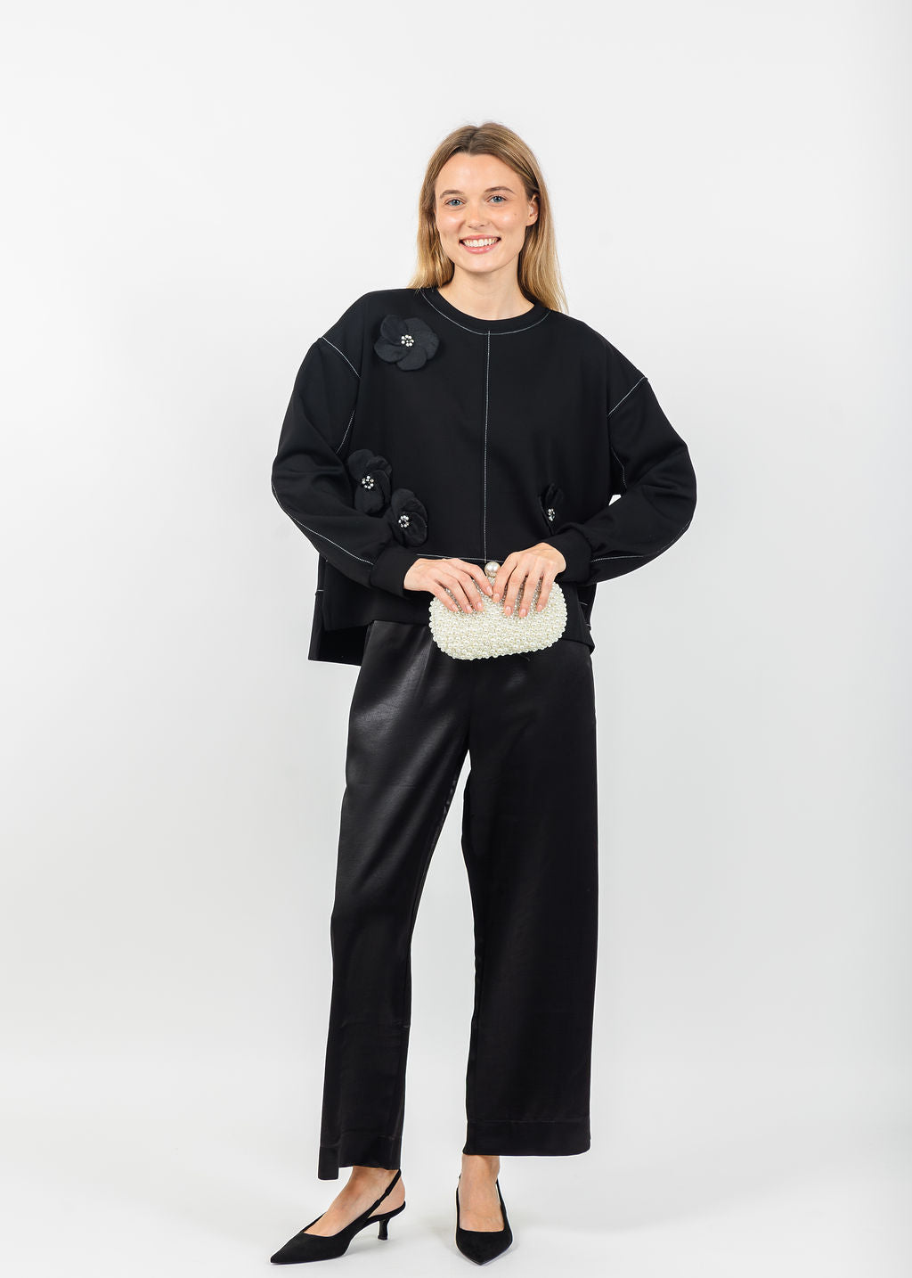 Terra Stitch &amp; 3D Floral Appliques Sweater in Black available at Barbara Katz