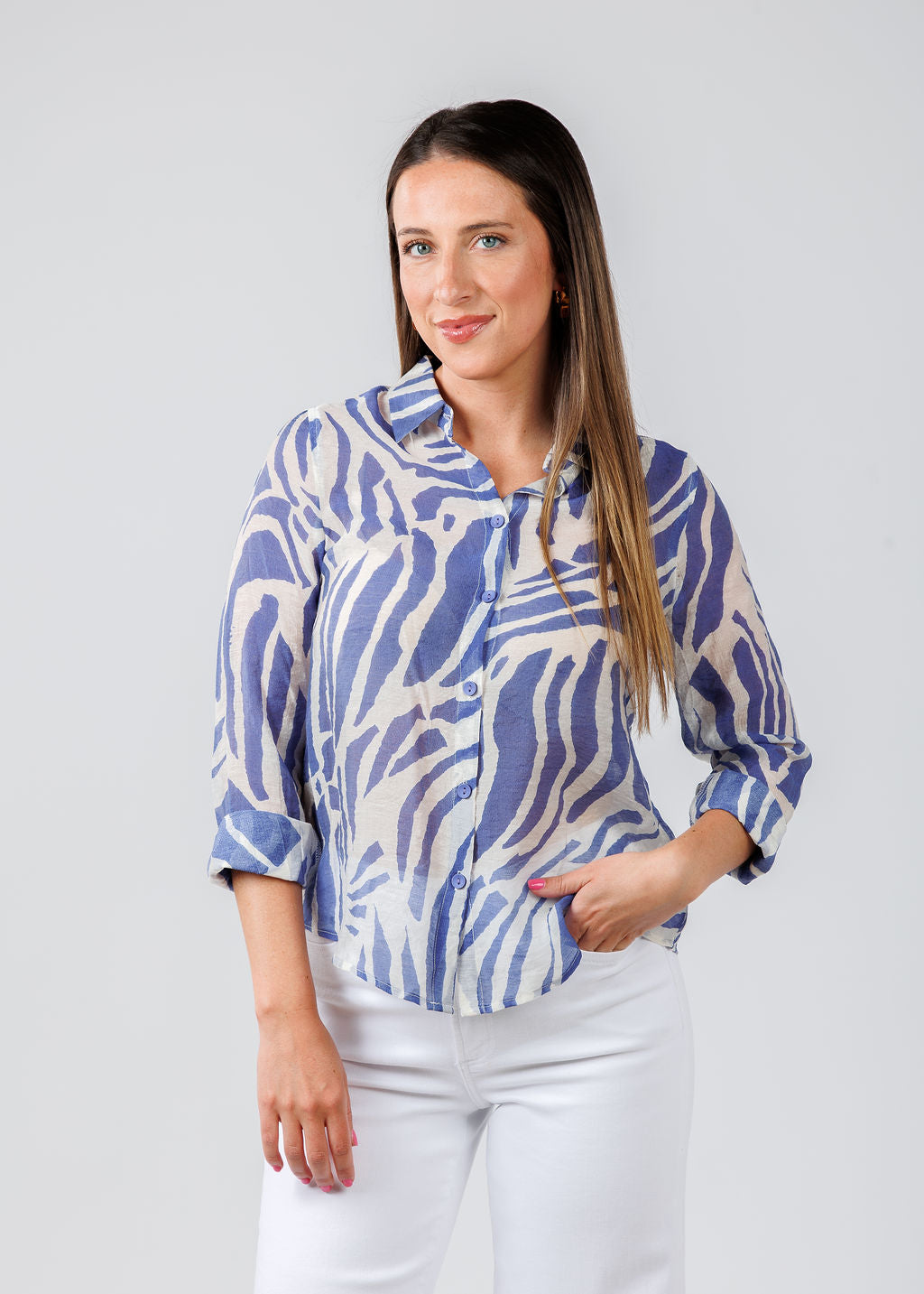 Terra Zebra Shirt in Blue Wind available at Barbara Katz