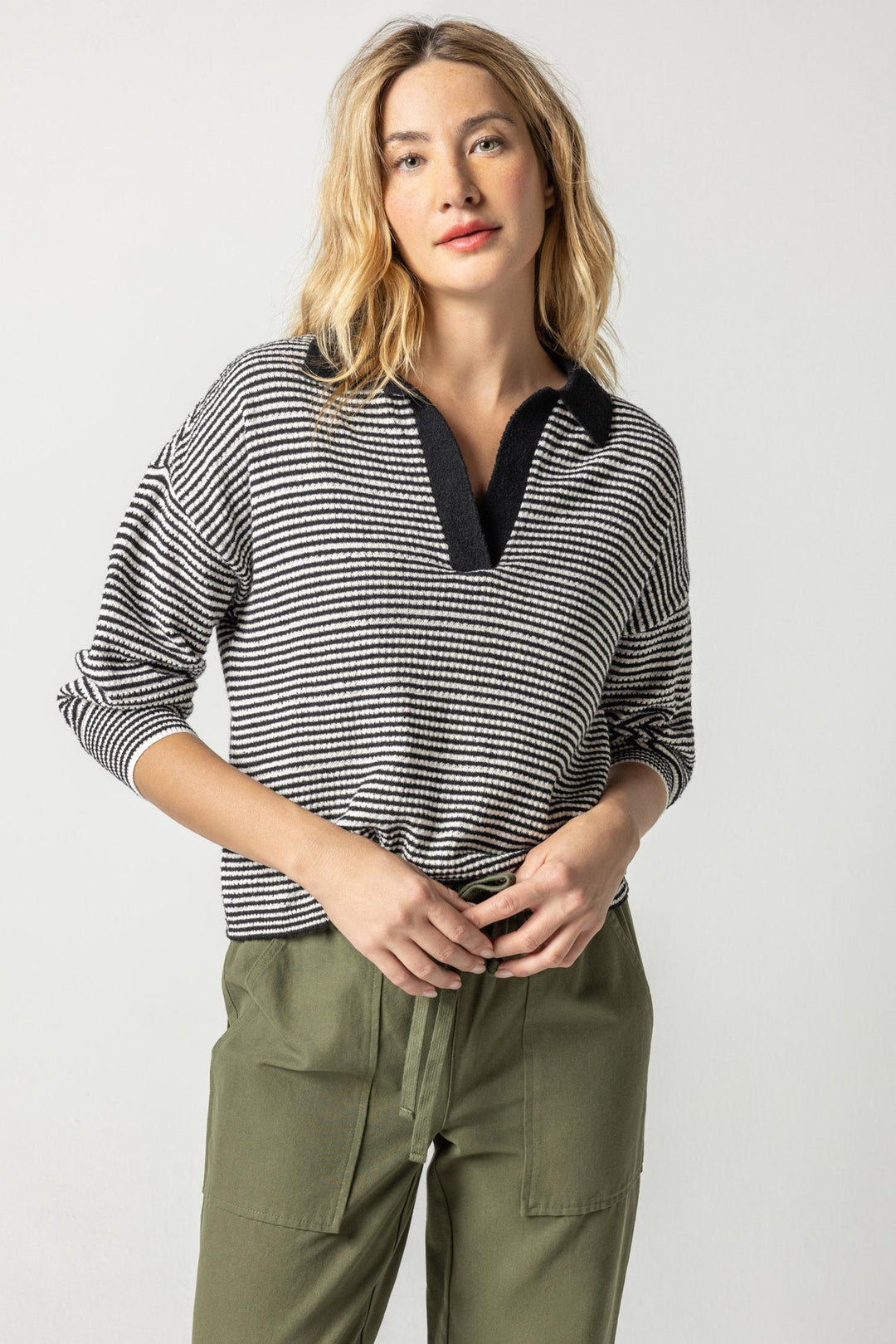 Terry Stripe Polo Sweater - Black/Ivory