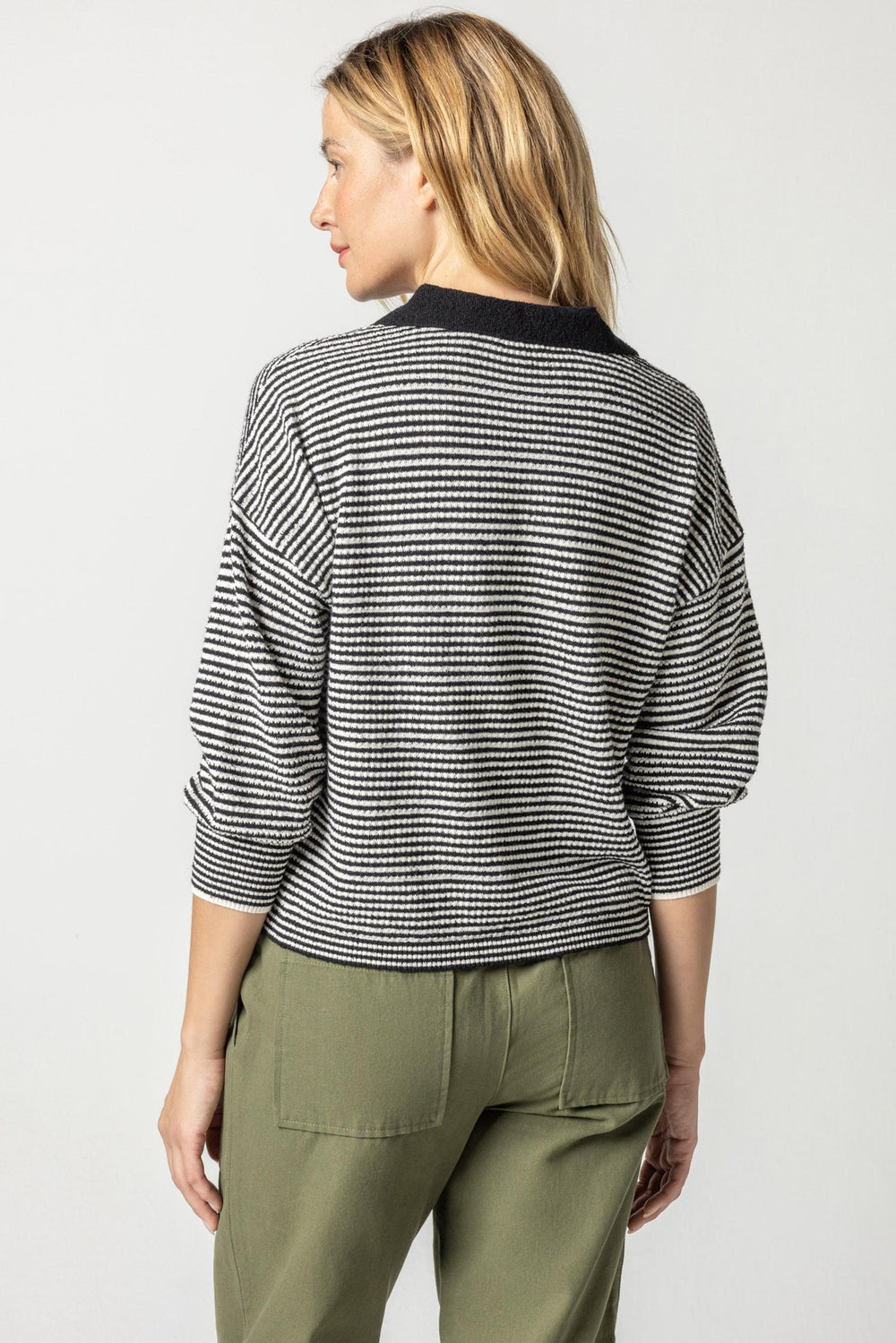 Terry Stripe Polo Sweater - Black/Ivory