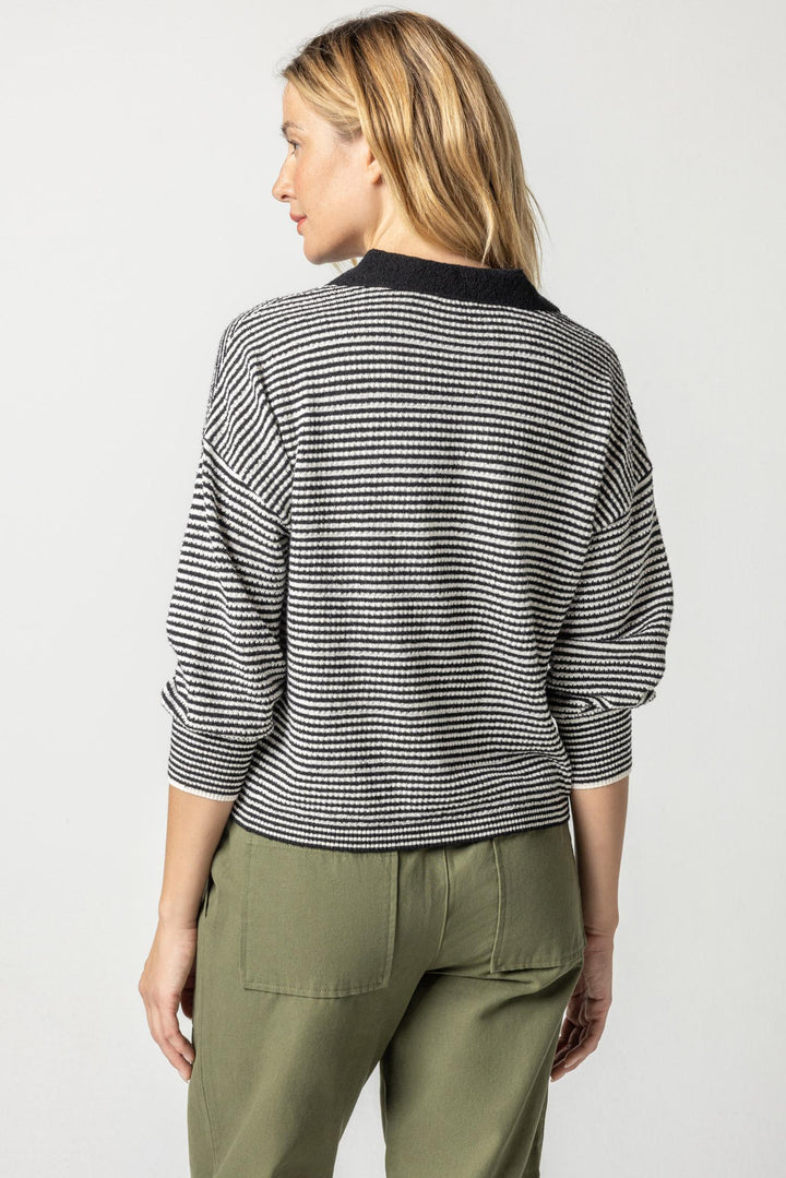 Terry Stripe Polo Sweater - Black/Ivory
