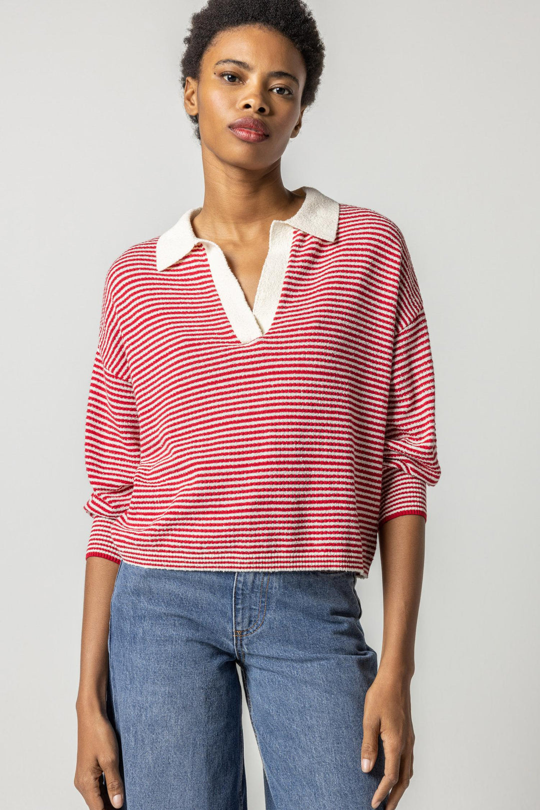 Terry Stripe Polo Sweater - Ivory/Crimson 