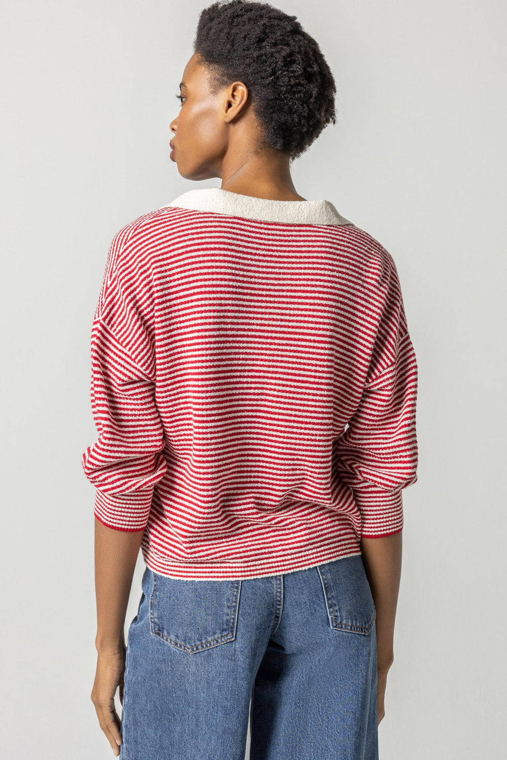 Terry Stripe Polo Sweater - Ivory/Crimson 