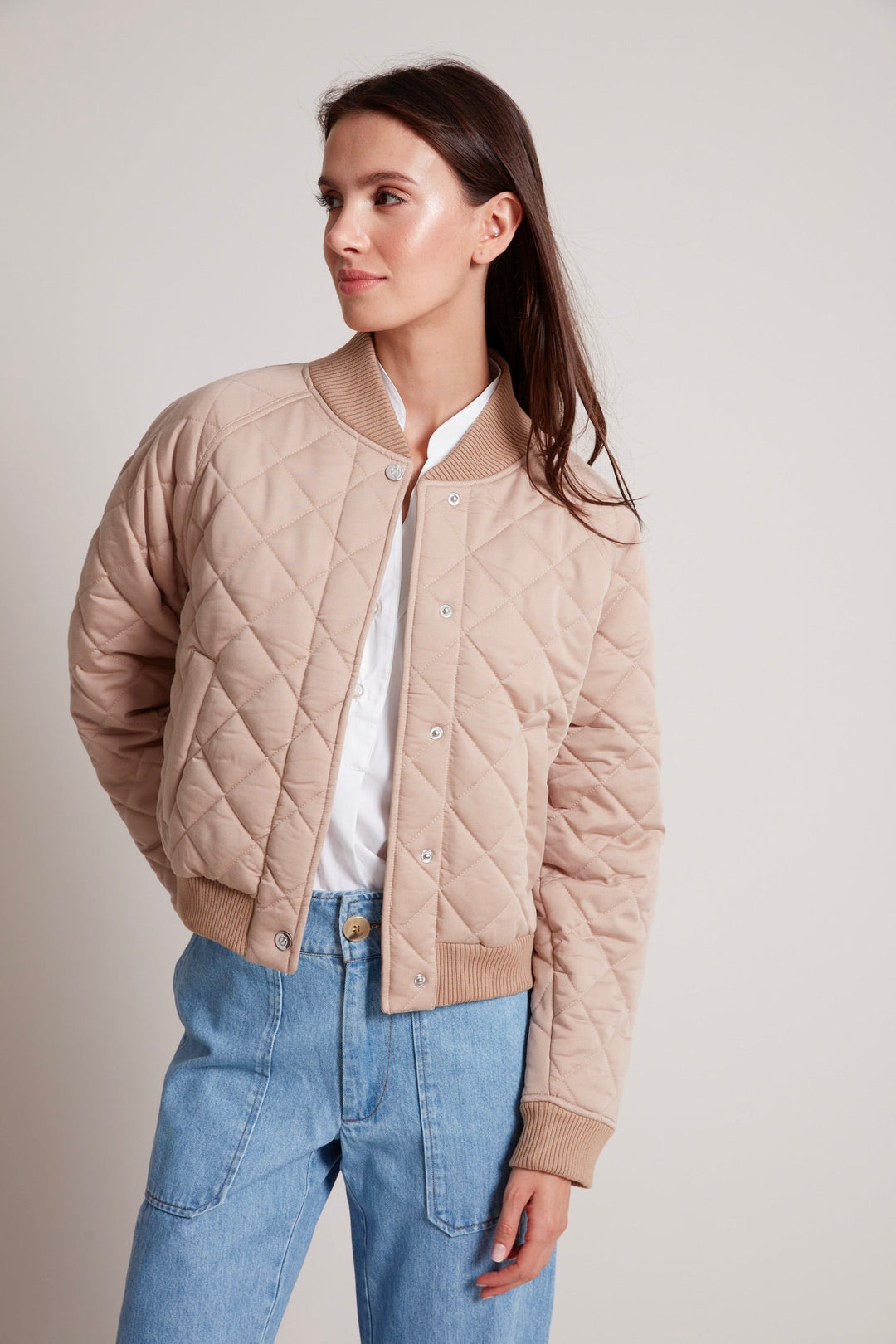 Adroit Atelier Tess Quilted Baseball Collar Bomber Jacket in Cafe Creme available at Barbara Katz