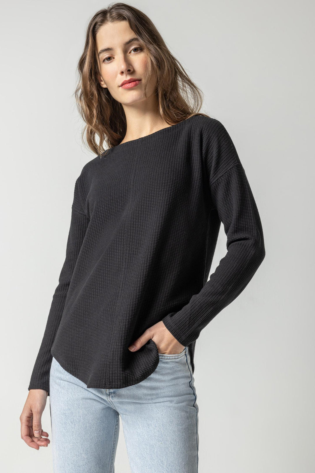 Textured Waffle Boatneck Tunic - Black