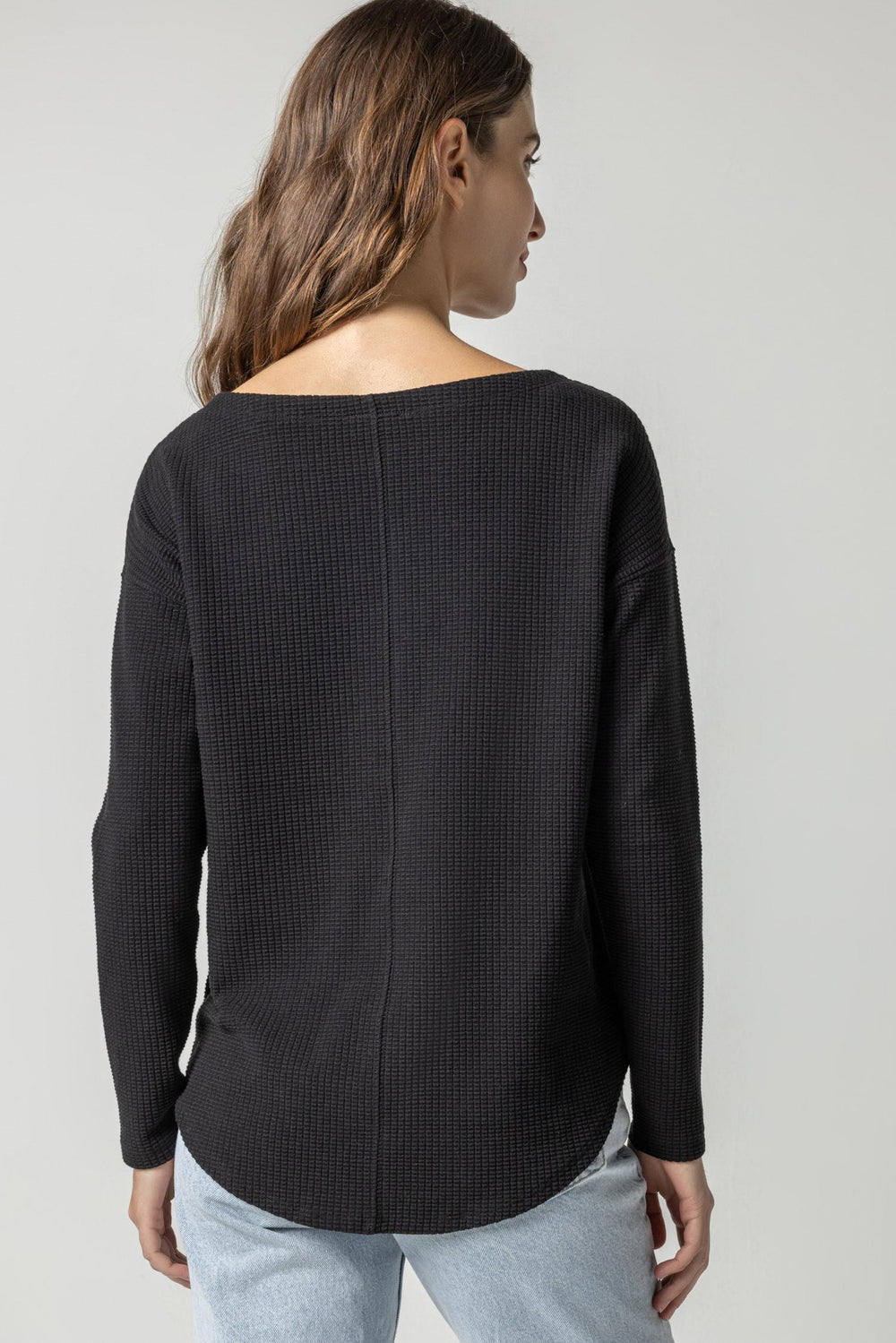 Textured Waffle Boatneck Tunic - Black