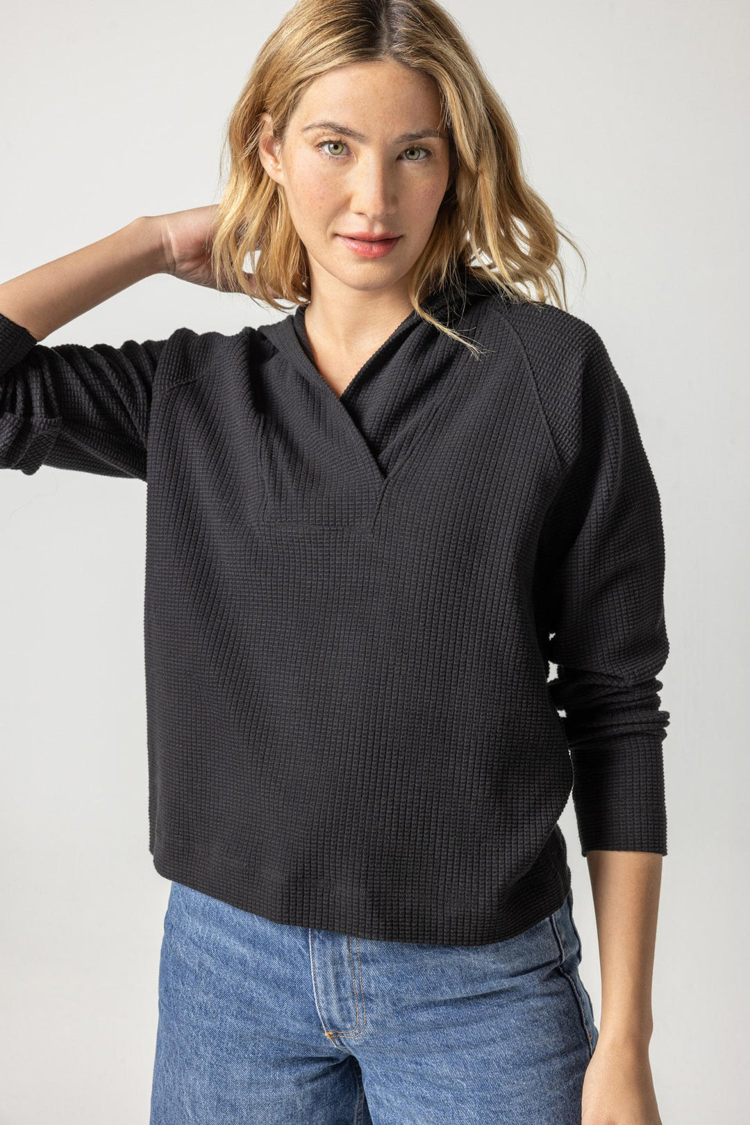 Textured Waffle Shawl Collar Hoodie - Black