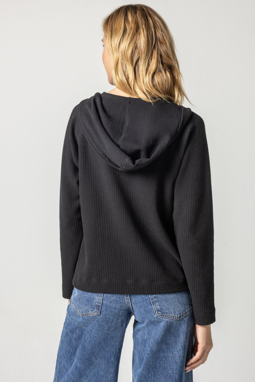 Textured Waffle Shawl Collar Hoodie - Black