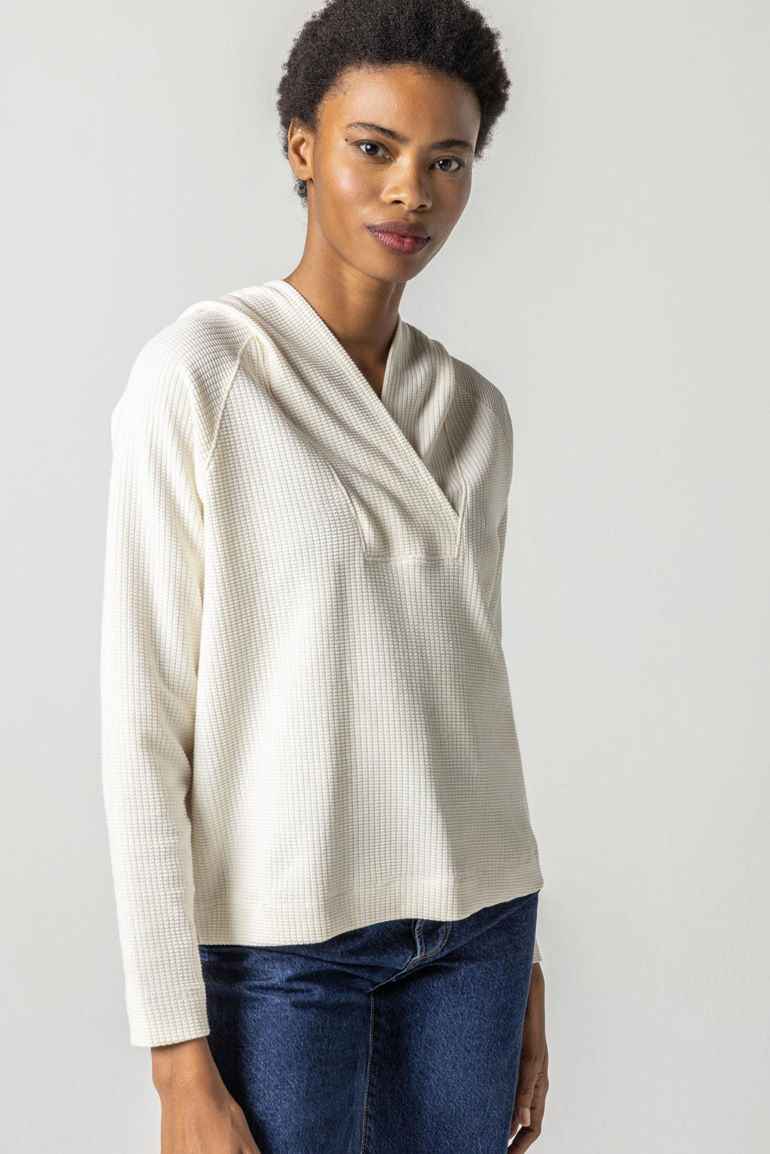 Textured Waffle Shawl Collar Hoodie - Talc