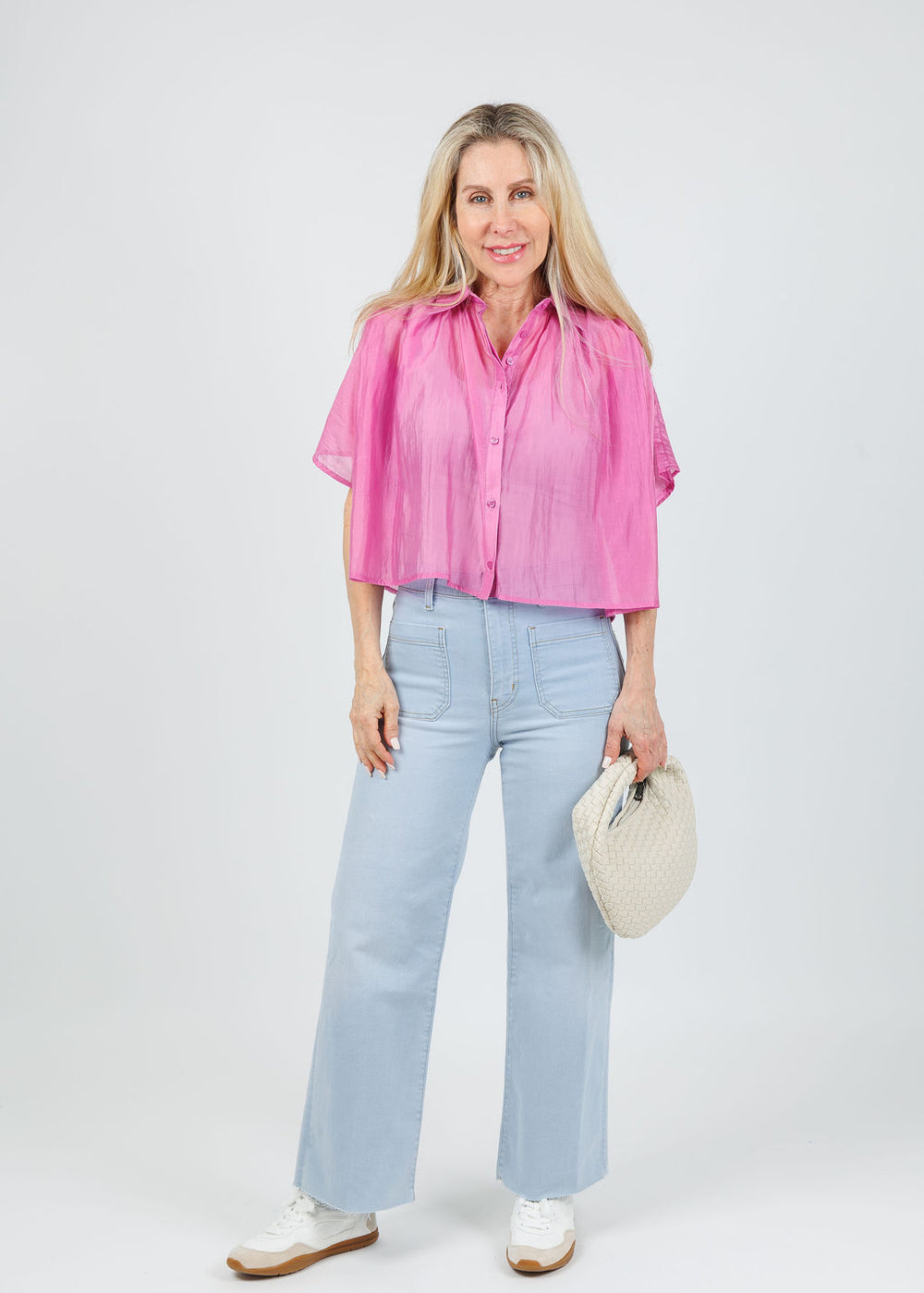 The Shirt The Hayden Shirt in Magenta paired with Frame The Anchor Pants in Float Raw Fray available at Barbara Katz