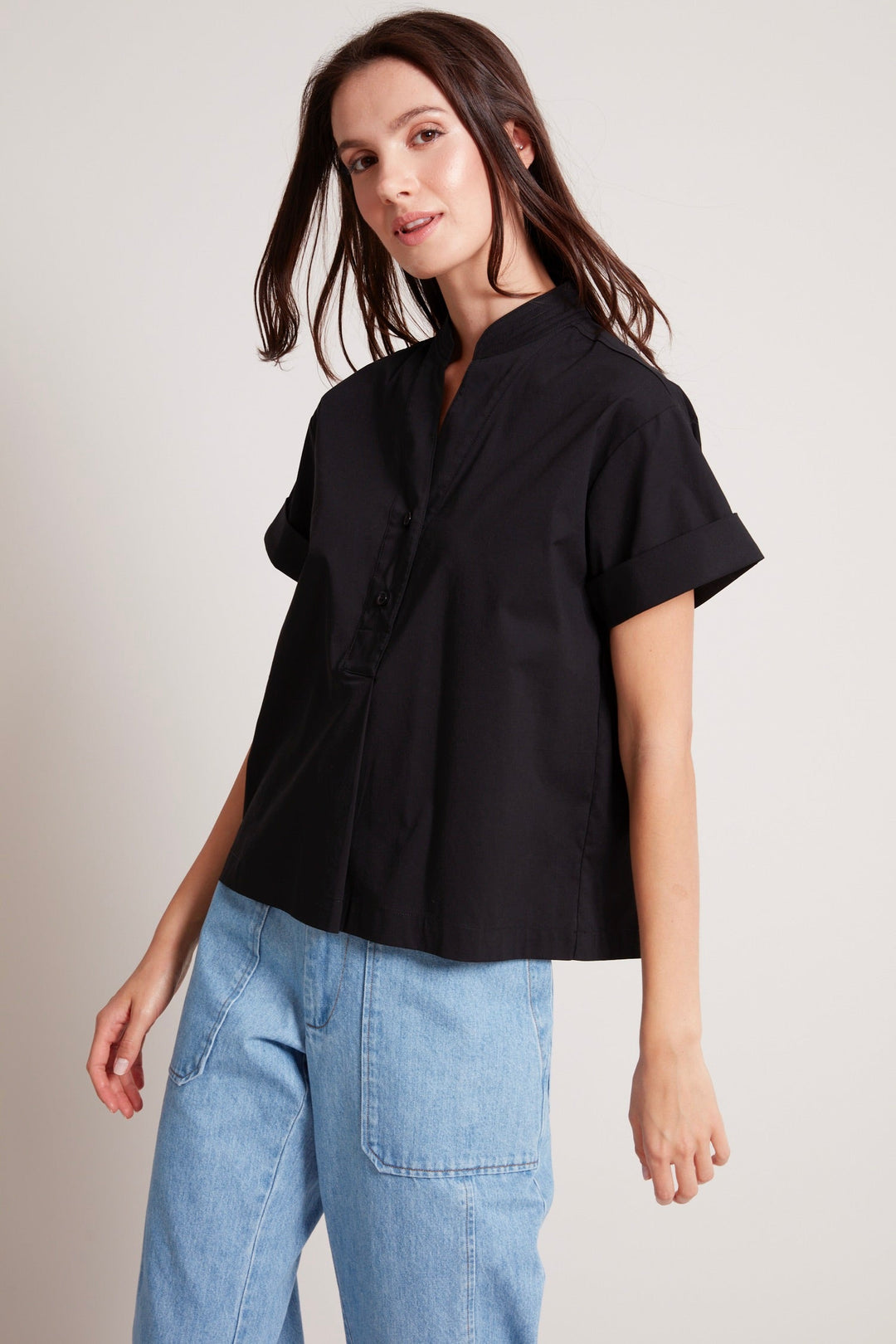 Adroit Atelier Theo Short Pullover Cap Sleeve Shirt in Black available at Barbara Katz