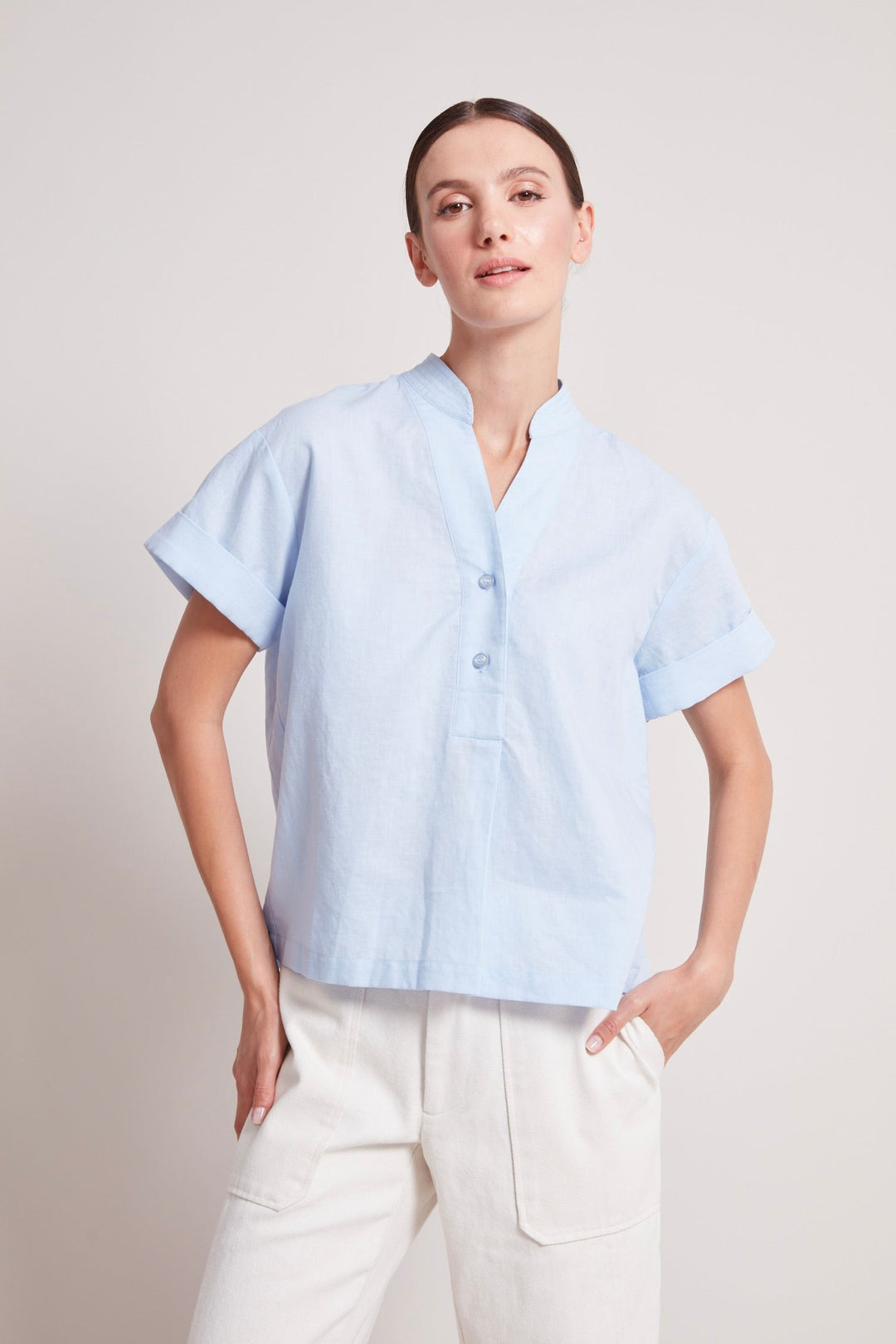 Adroit Atelier Theo Short Pullover Cap Sleeve Shirt in Skyway available at Barbara Katz