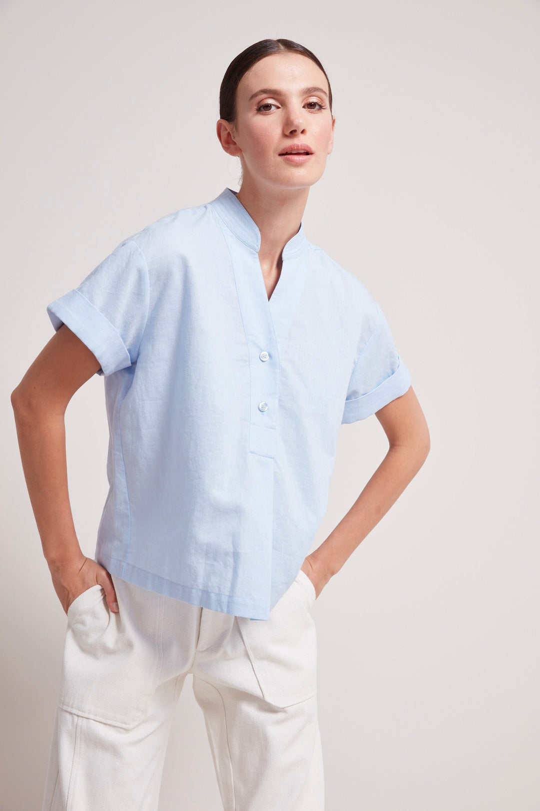 Adroit Atelier Theo Short Pullover Cap Sleeve Shirt in Skyway available at Barbara Katz