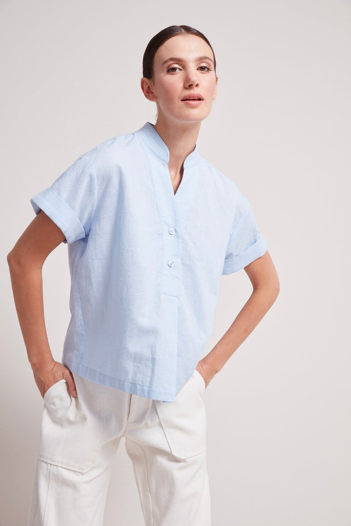 Adroit Atelier Theo Short Pullover Cap Sleeve Shirt in Skyway available at Barbara Katz