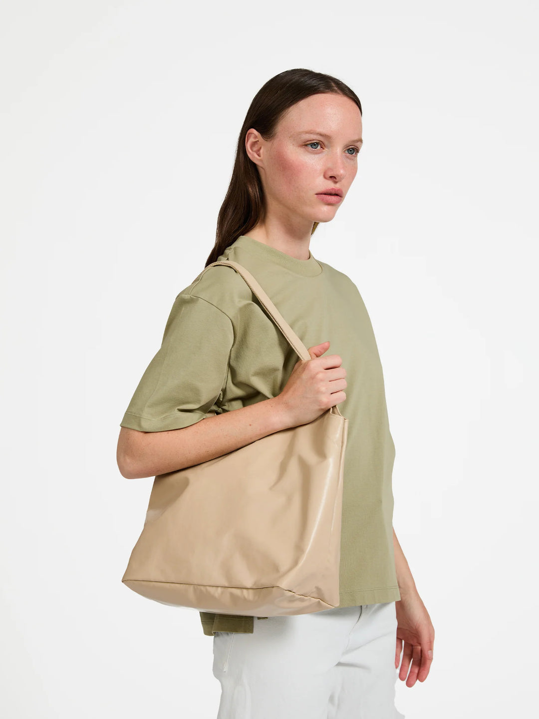 Jack Gomme Tilly Light Shopping Bag in Shiny Nacre with Beige Strap available at Barbara Katz