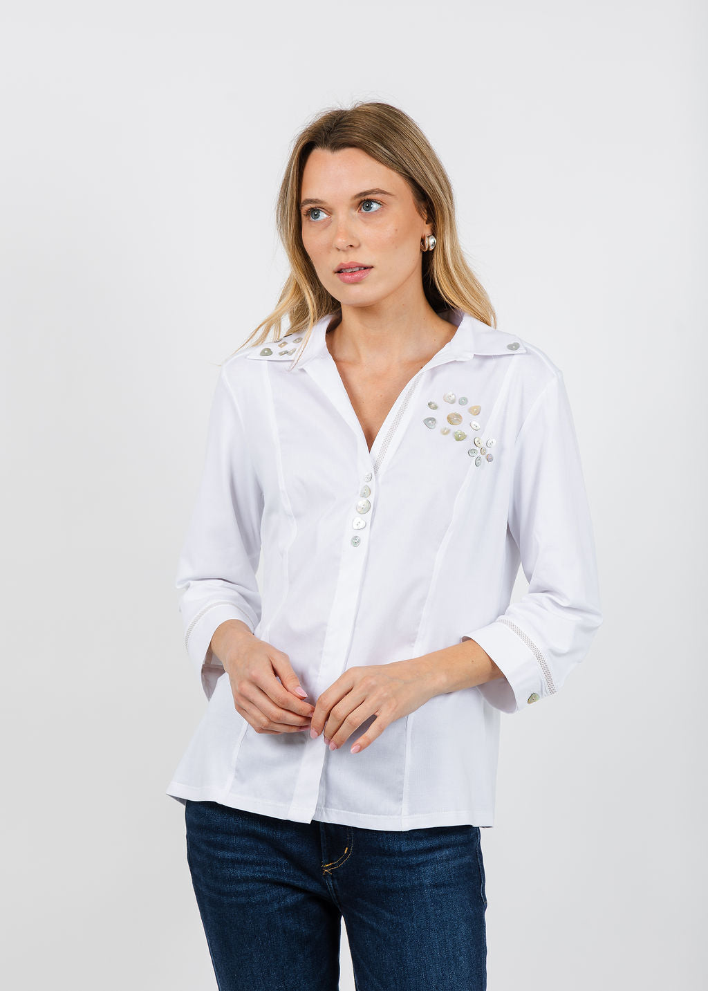 Tinta Velta Button Detail Blouse in White available at Barbara Katz