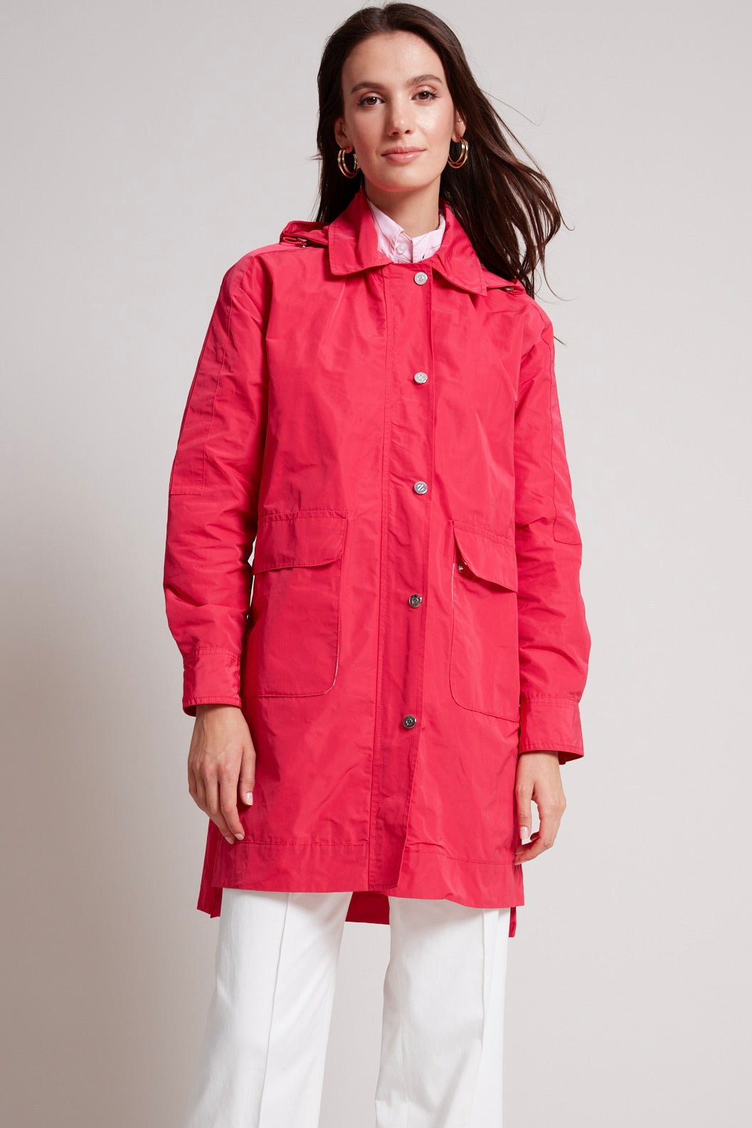 Adroit Atelier Tori Removable Hooded Raincoat in Raspberry available at Barbara Katz