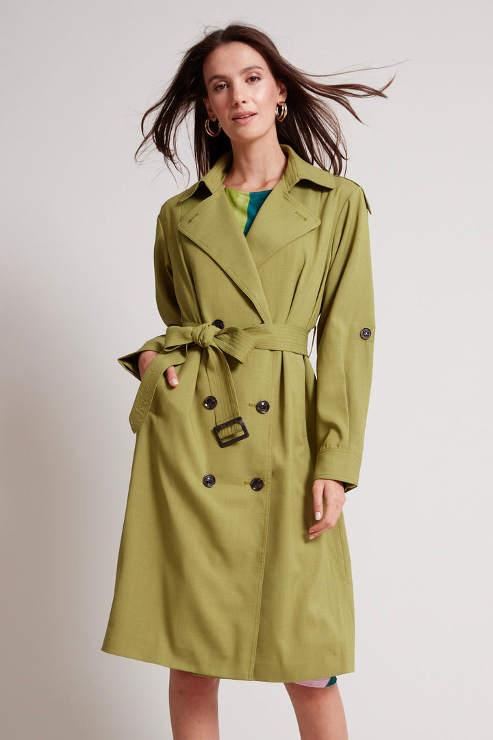 Adroit Atelier Troy Cloth Trench Coat With Inverted Back Pleat in Kiwi Green available at Barbara Katz