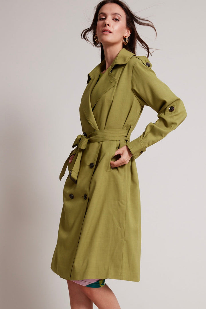 Adroit Atelier Troy Cloth Trench Coat With Inverted Back Pleat in Kiwi available at Barbara Katz