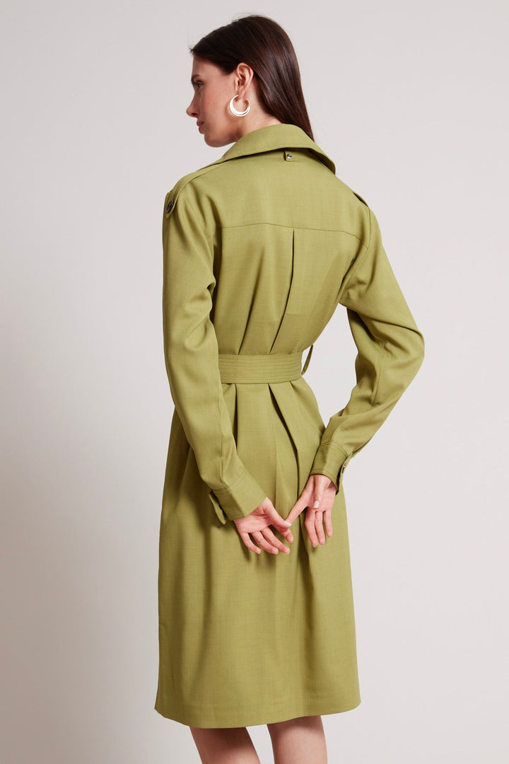 Adroit Atelier Troy Cloth Trench Coat With Inverted Back Pleat in Kiwi available at Barbara Katz