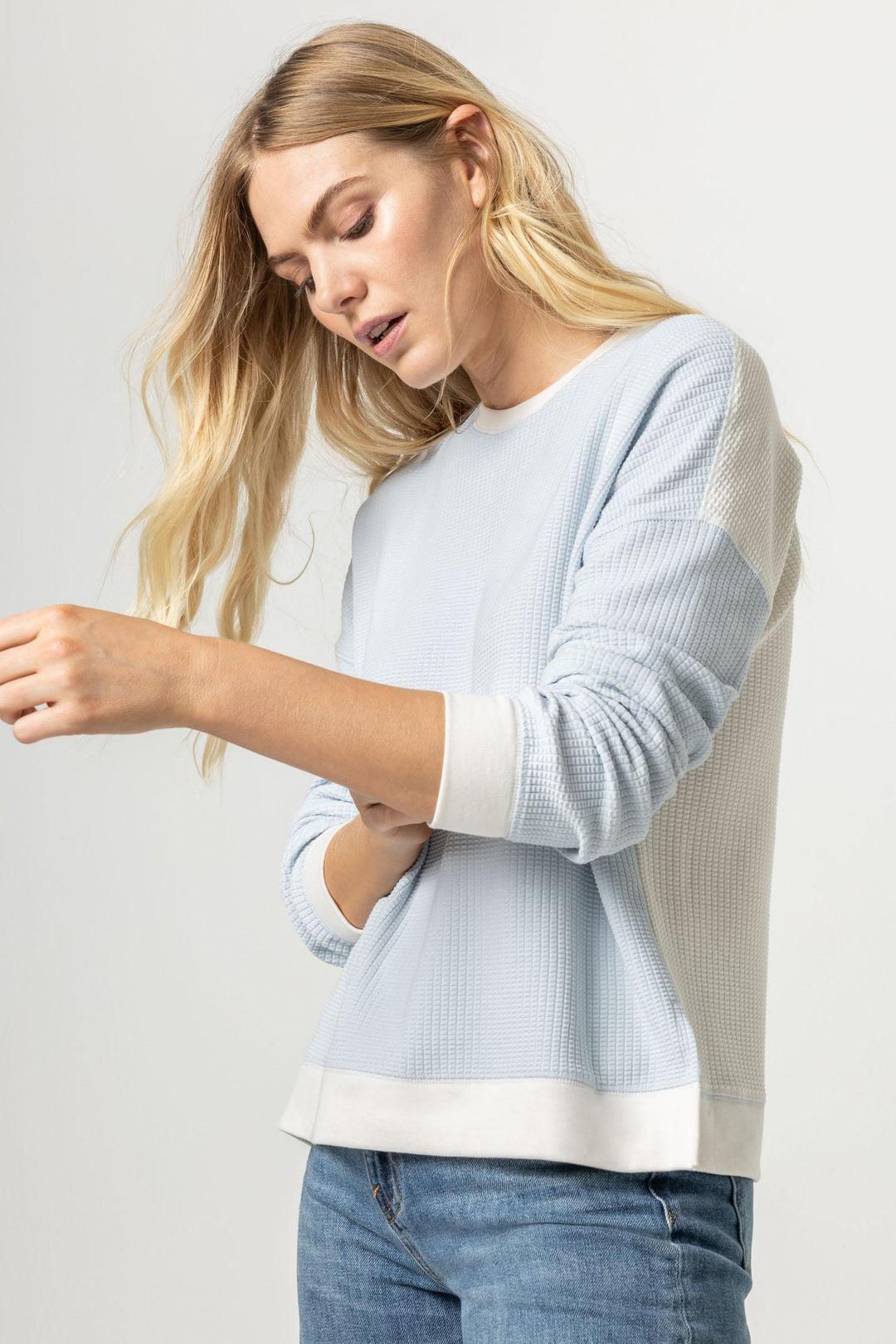 LILLA P. Two Tone Waffle Sweatshirt - Crystal/Ecru