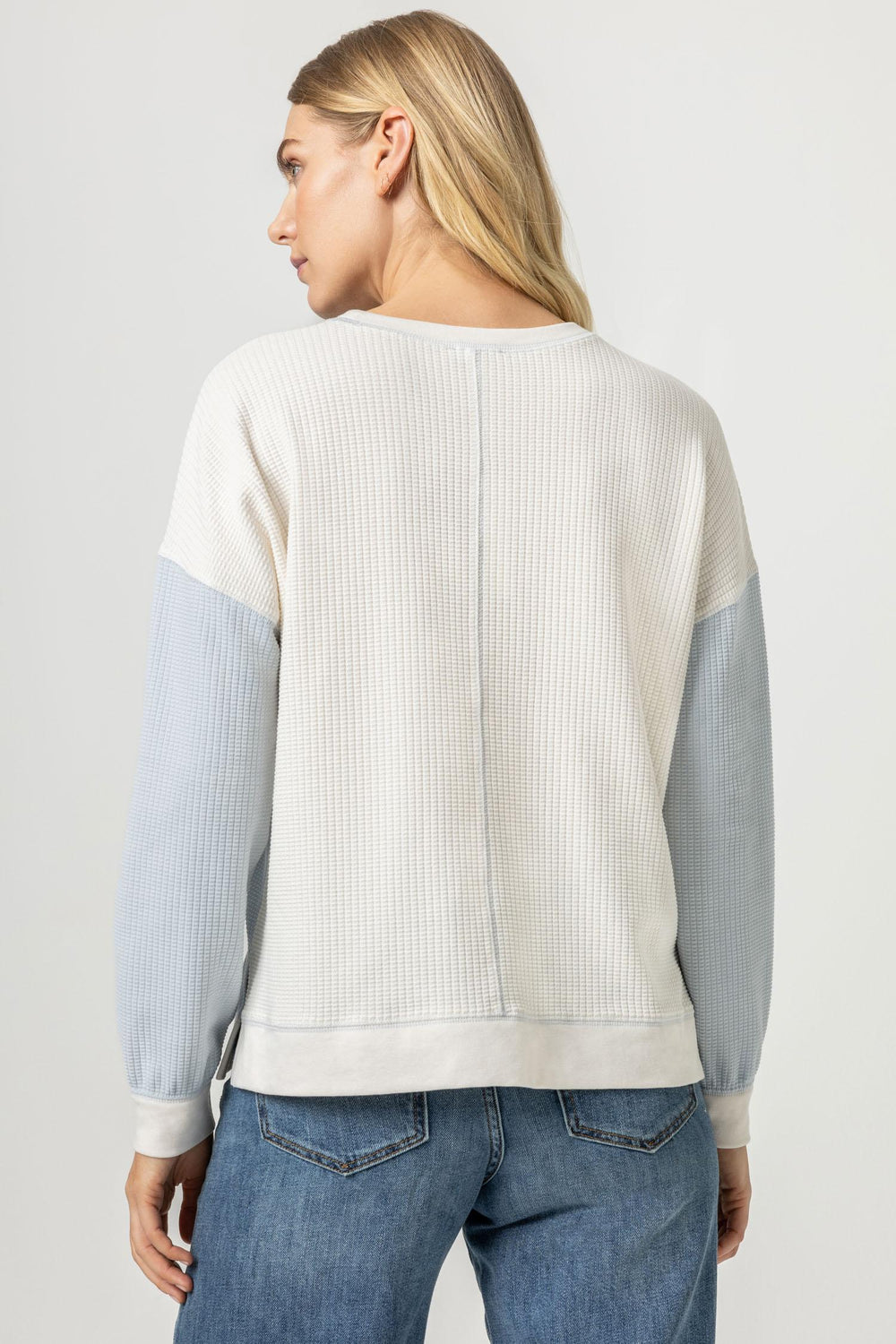 LILLA P. Two Tone Waffle Sweatshirt - Crystal/Ecru