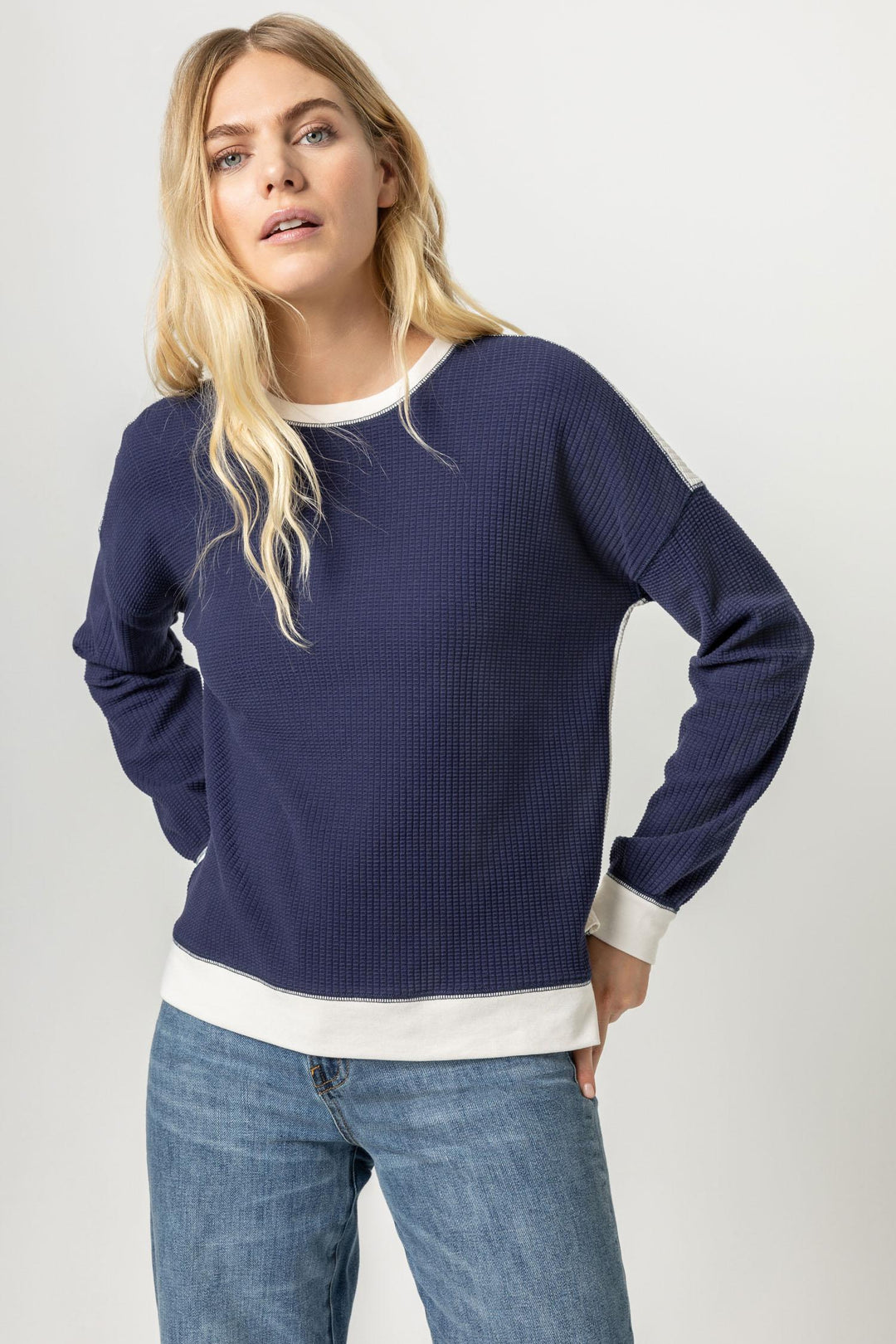 LILLA P. Two Tone Waffle Sweatshirt - Navy/Ecru
