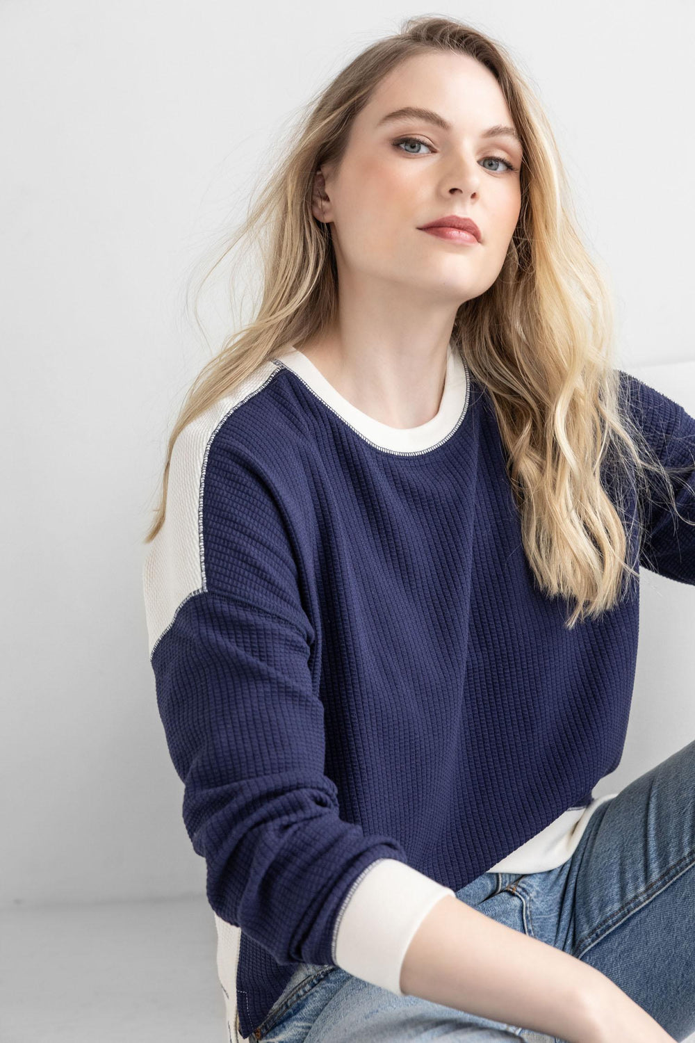 LILLA P. Two Tone Waffle Sweatshirt - Navy/Ecru