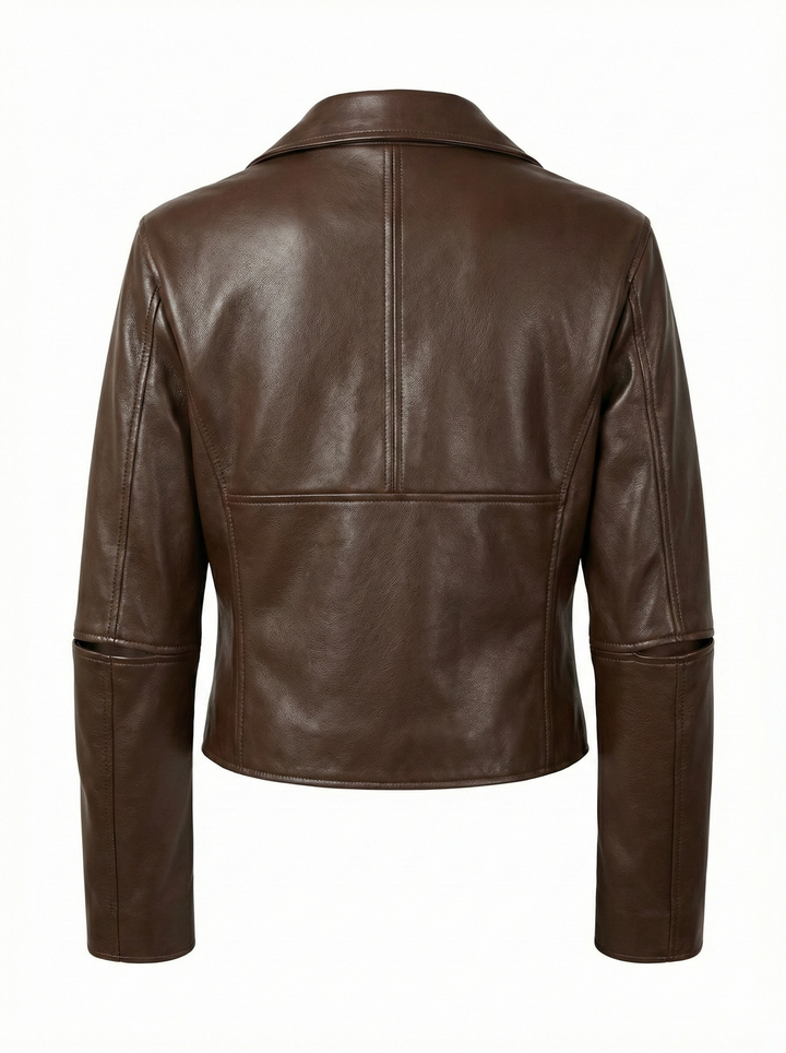 Adroit Atelier Tyra Stretch Vegan Leather Biker Jacket in Java available at Barbara Katz