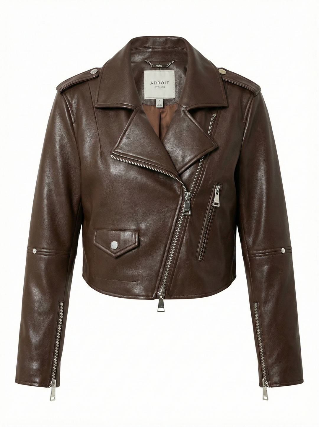 Adroit Atelier Tyra Stretch Vegan Leather Biker Jacket in Java available at Barbara Katz