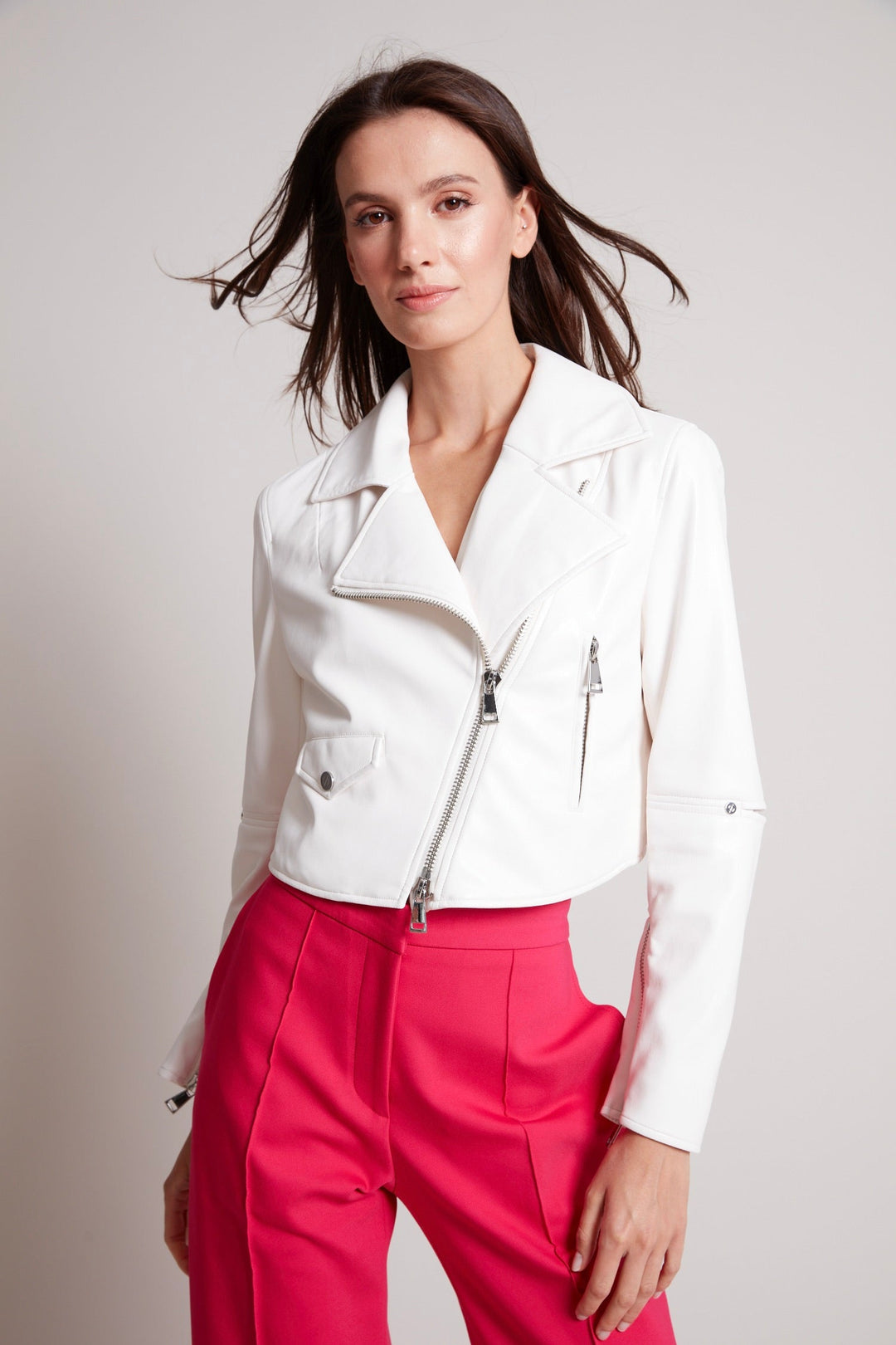 Adroit Atelier Tyra Cropped Vegan Leather Biker Jacket in White available at Barbara Katz