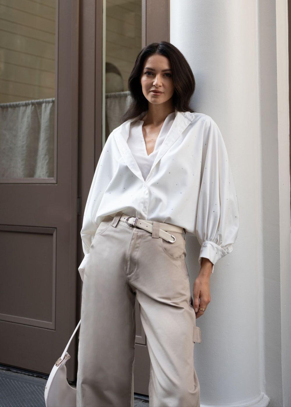 Diomi Oxford Blouse With Blouson Sleeve - White Rhinestone available at Barbara Katz