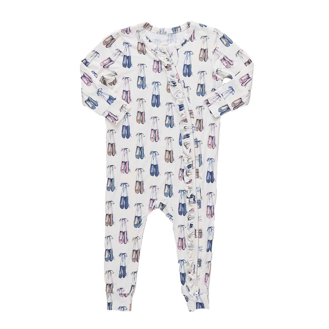 Pink Chicken Baby Girls Ruffle Bamboo Romper in Ballet Slippers available at Barbara Katz