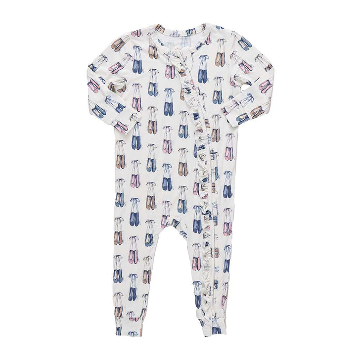 Pink Chicken Baby Girls Ruffle Bamboo Romper in Ballet Slippers available at Barbara Katz