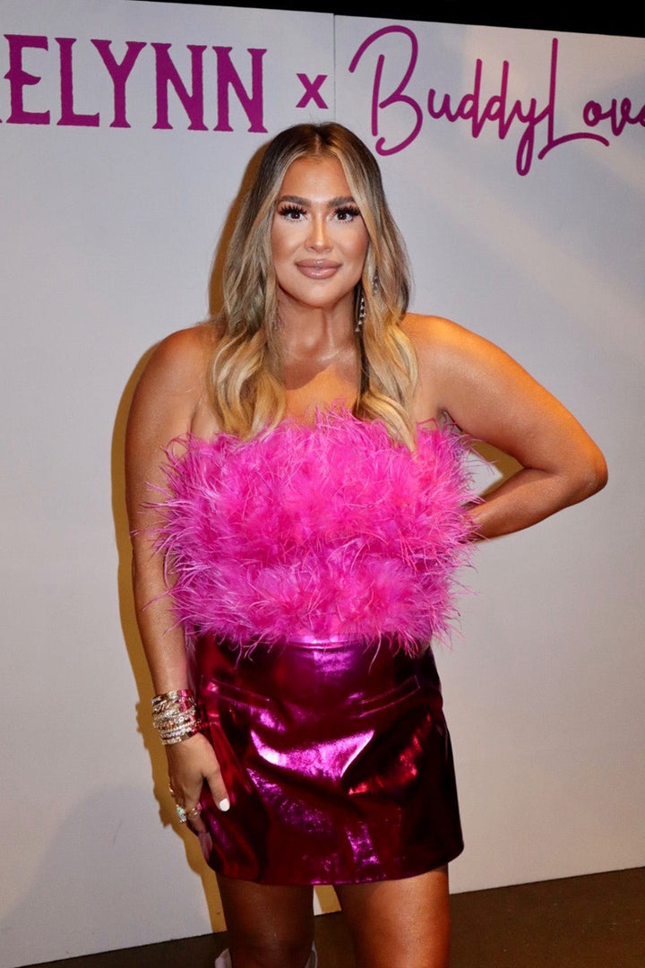 BuddyLove Fancy Strapless Feather Crop Top in Magenta available at Barbara Katz