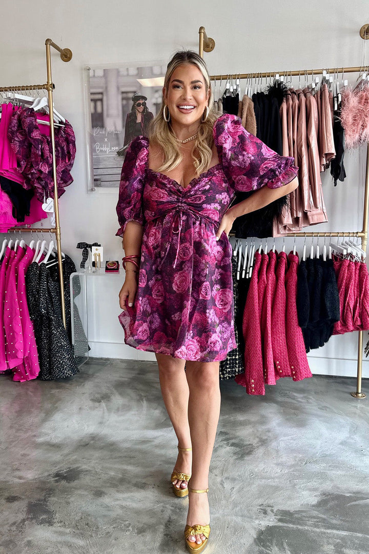 BuddyLove Colby Puff Sleeve Mini Dress in Grape available at Barbara Katz