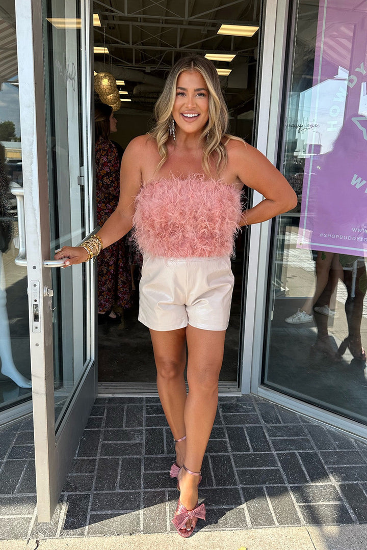 BuddyLove Fancy Strapless Feather Crop Top in Rose Gold available at Barbara Katz