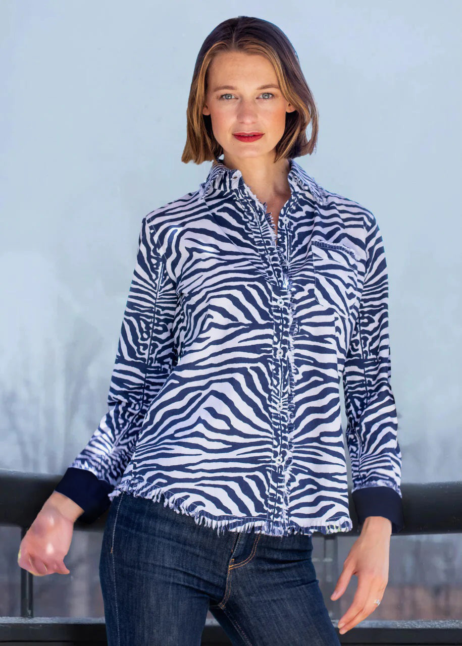 Dizzy-Lizzie Cape Cod Frayed Shirt - Navy Zebra Stripe available at Barbara Katz