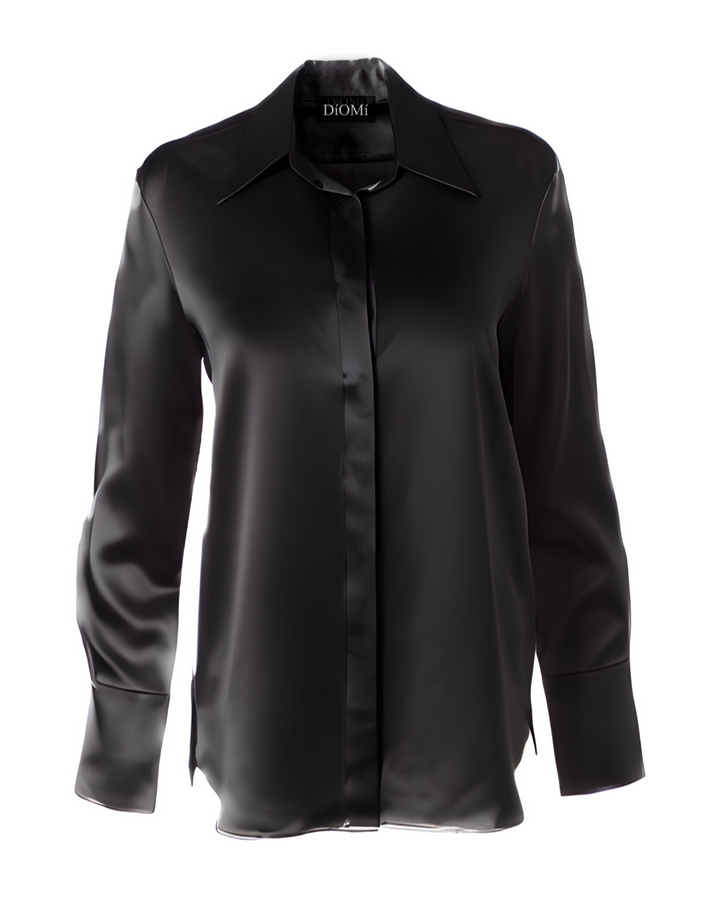 Diomi Full Cut Sateen Button Down Blouse in Black available at Barbara Katz