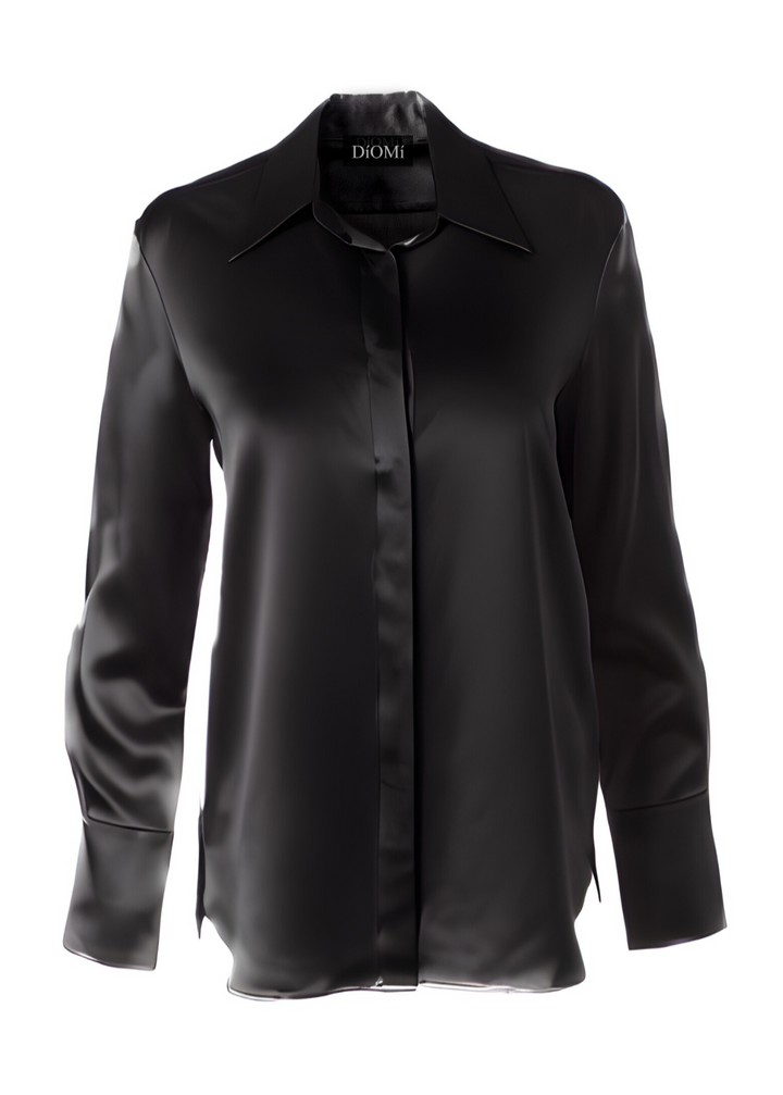 Diomi Full Cut Sateen Button Down Blouse - Black available at Barbara Katz
