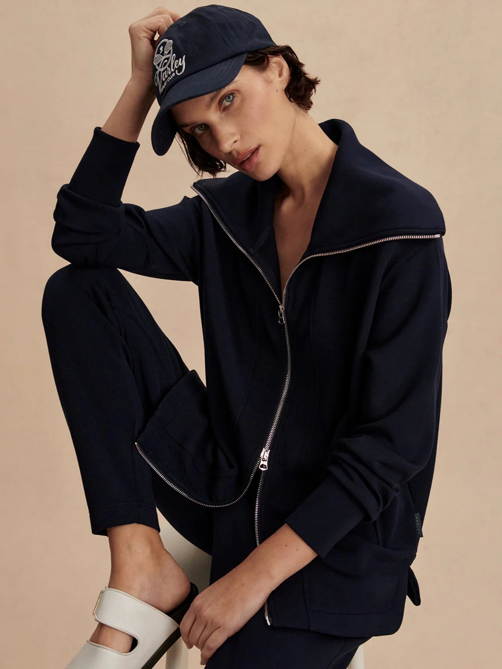 Varley Raleigh Zip Through Sweatshirt in Navy available at Barbara Katz