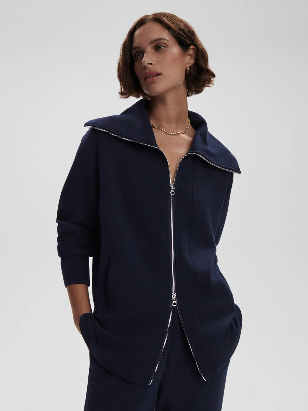 Varley Raleigh Zip Through Sweatshirt in Navy available at Barbara Katz