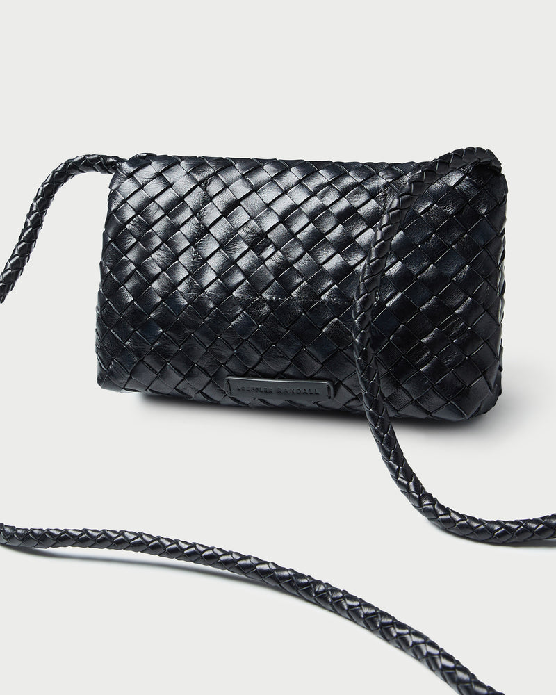 Loeffler Randall Vinnie Mini Woven Crossbody in Black Square Weave Leather available at Barbara Katz